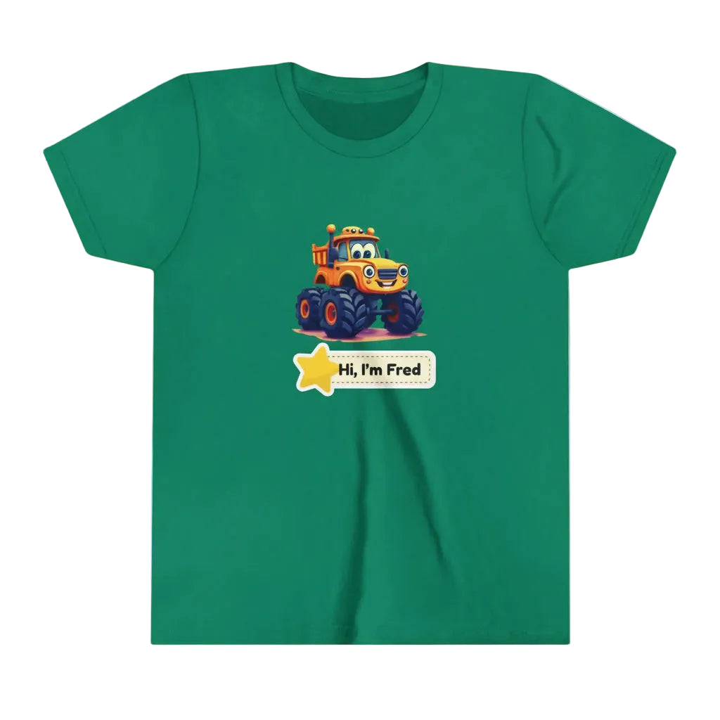 A green short-sleeve kid's crewneck t-shirt featuring a cartoon graphic of a yellow and blue monster truck with a star badge that reads 'Hi, I'm Fred'.
