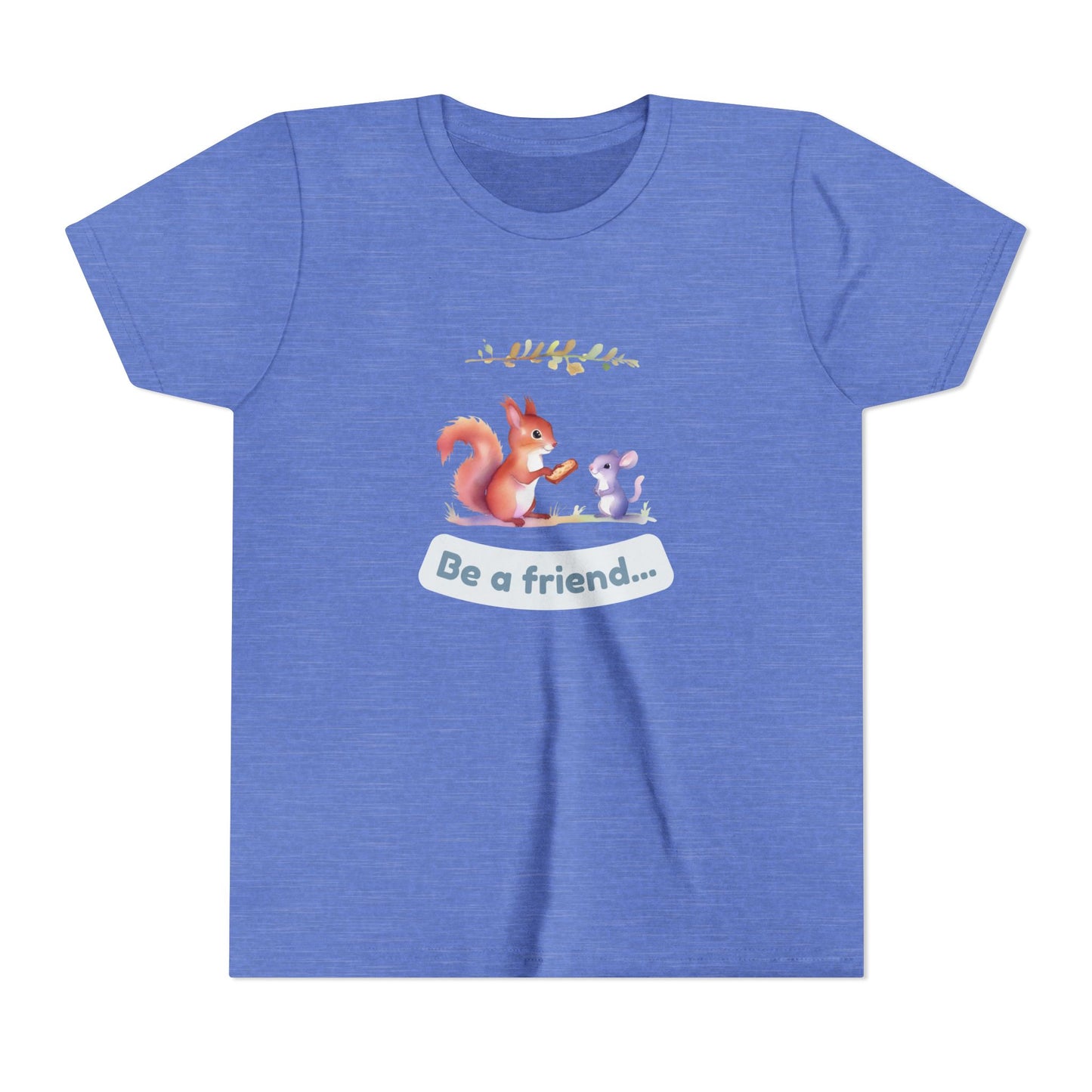 Blue t-shirt with a graphic of a squirrel and mouse and the text 'Be a friend' on a white background
