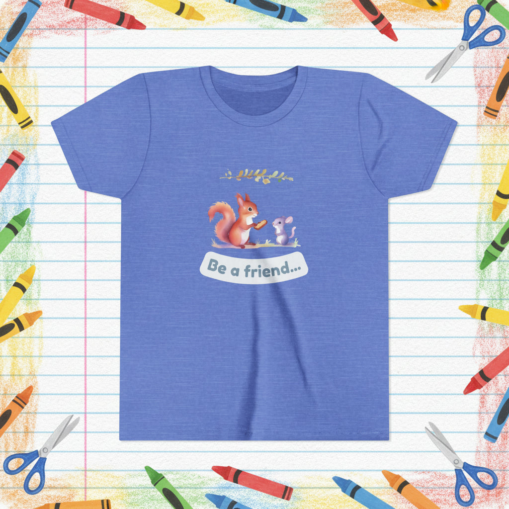 Blue t-shirt with a graphic of a squirrel and mouse and the text 'Be a friend' on a white background