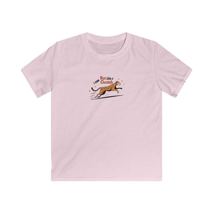 A light pink short-sleeve crewneck t-shirt featuring a graphic of a running cheetah with the text 'I Love Run Like a Cheetah' on the chest, displayed against a solid white background.
