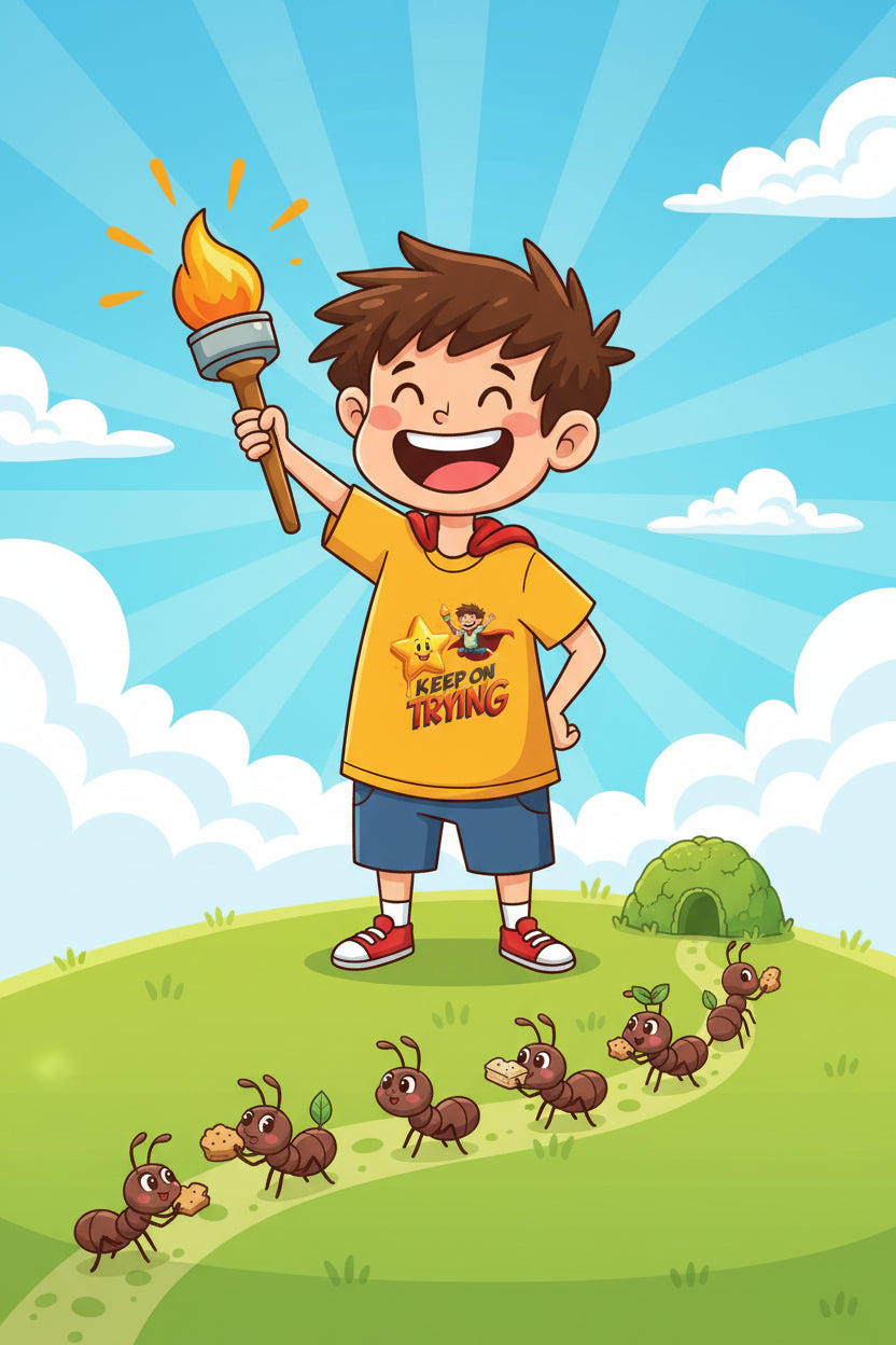 Gold t-shirt with a superhero and star graphic and 'Keep on Trying' text on a white background