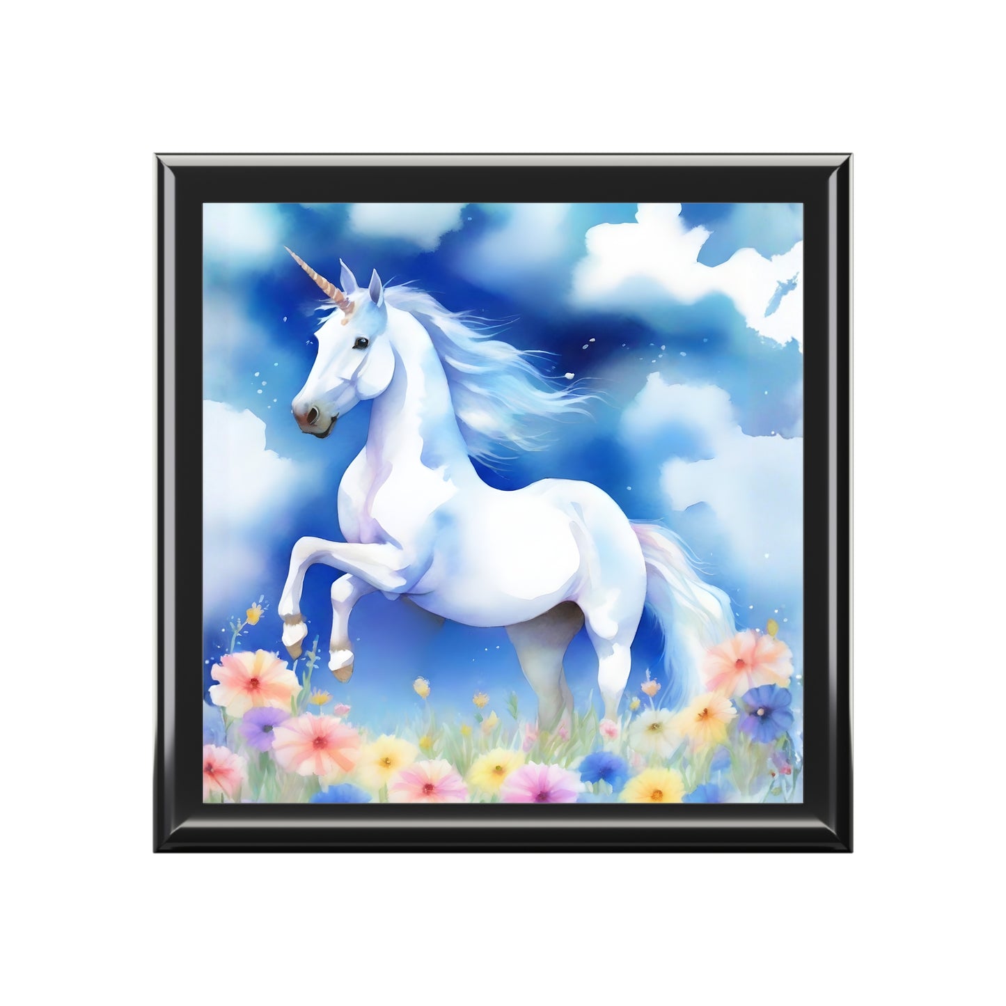 Unicorn Jewelry Box — Magical White Unicorn in Floral Meadow Keepsake Box