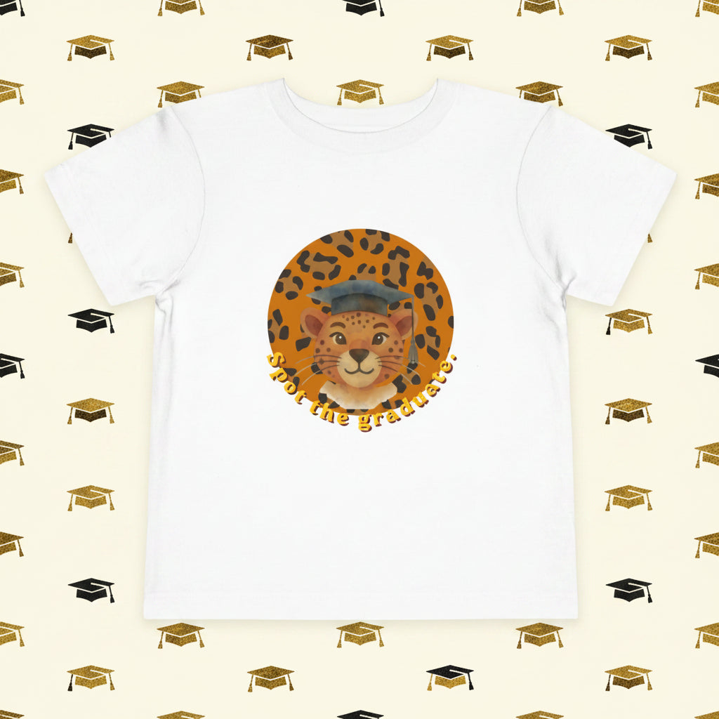 White t-shirt with a cheetah graphic and text on a white background