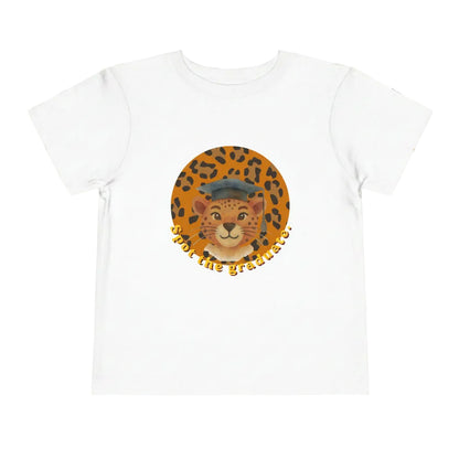 White t-shirt with a cheetah graphic and text on a white background