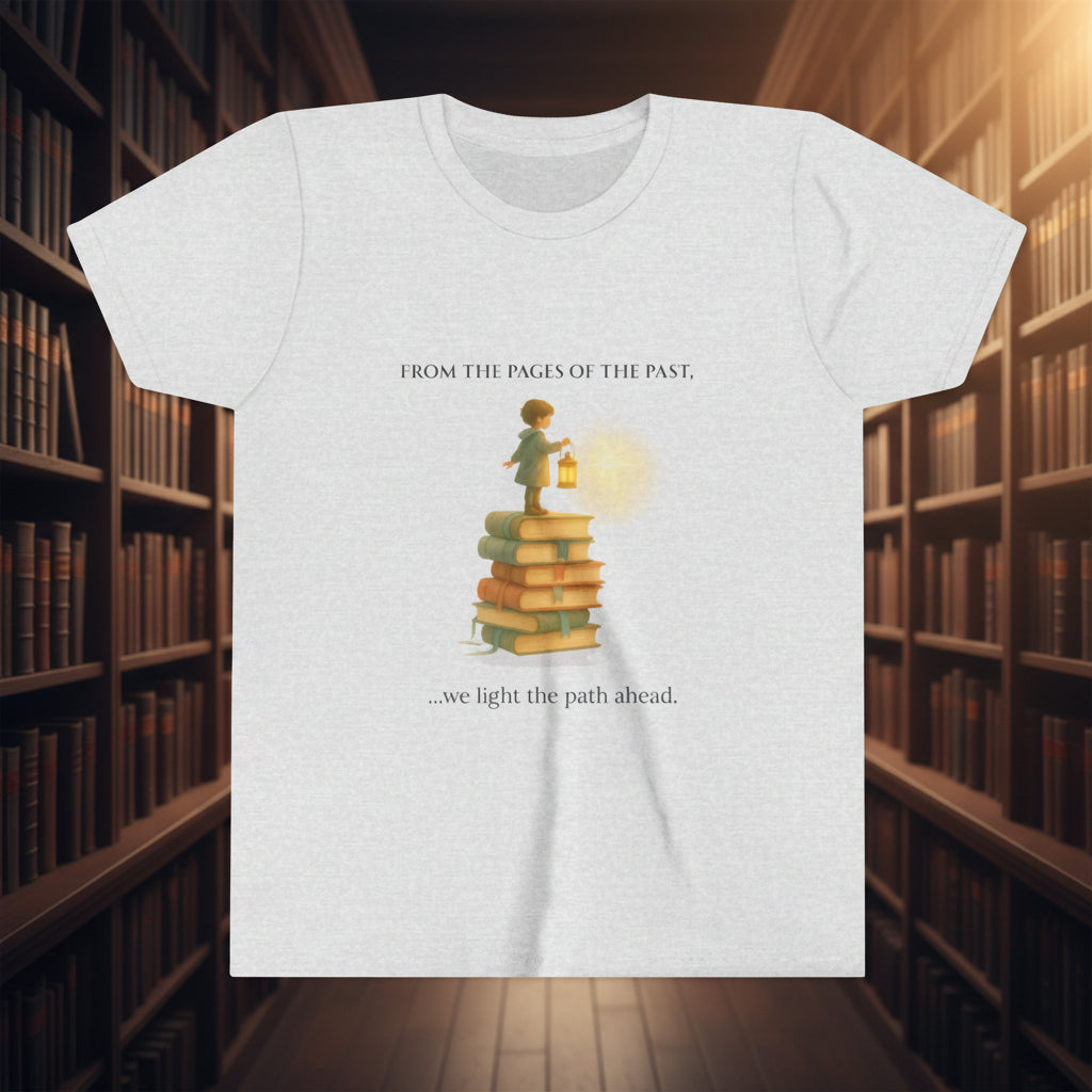 Ash t-shirt with a graphic of a child standing on books holding a lantern, surrounded by text on a white background.