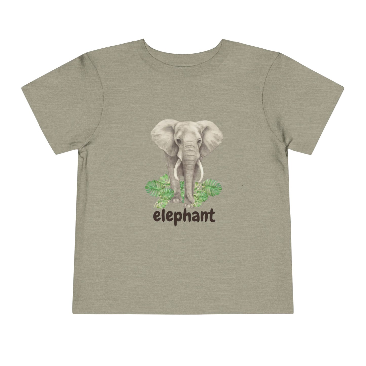 Children's t-shirt with an elephant graphic and the word 'elephant' on a beige background
