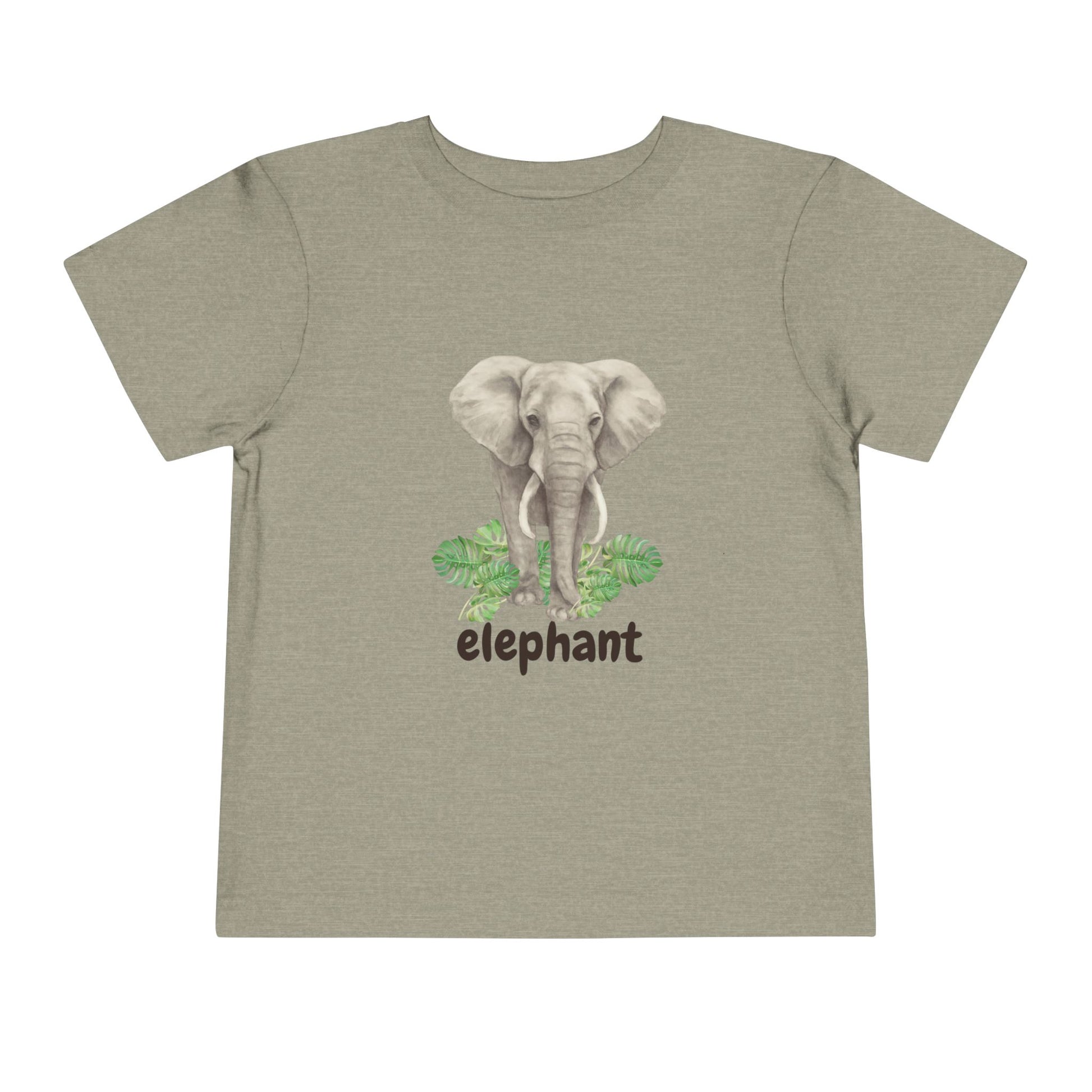 Children's t-shirt with an elephant graphic and the word 'elephant' on a beige background