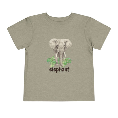 Children's t-shirt with an elephant graphic and the word 'elephant' on a beige background