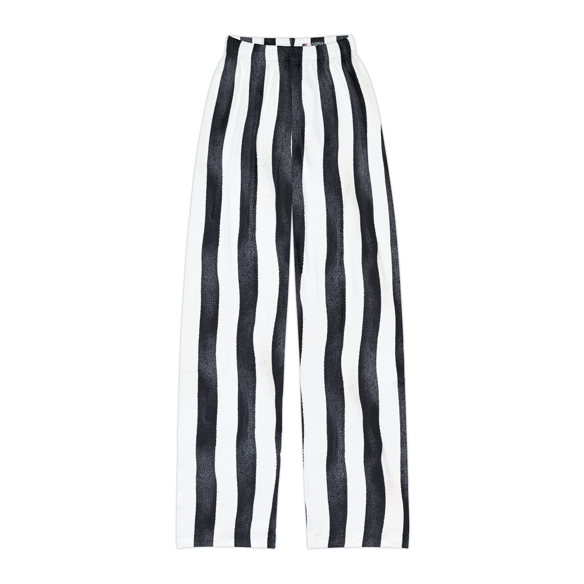 Kids black‑and‑white striped pants with a slight wiggle pattern for a playful pirate look.