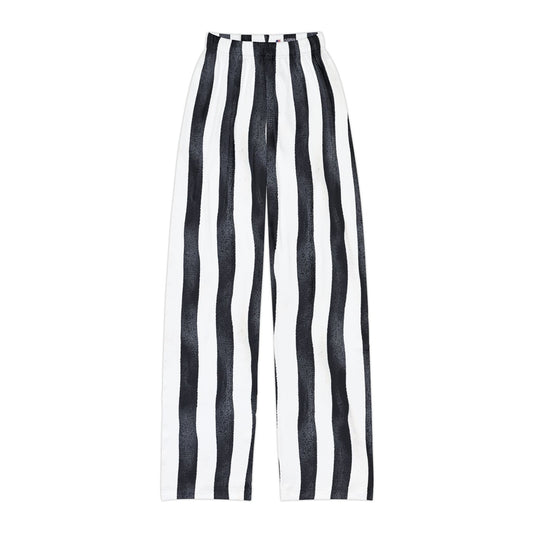 Kids black‑and‑white striped pants with a slight wiggle pattern for a playful pirate look.