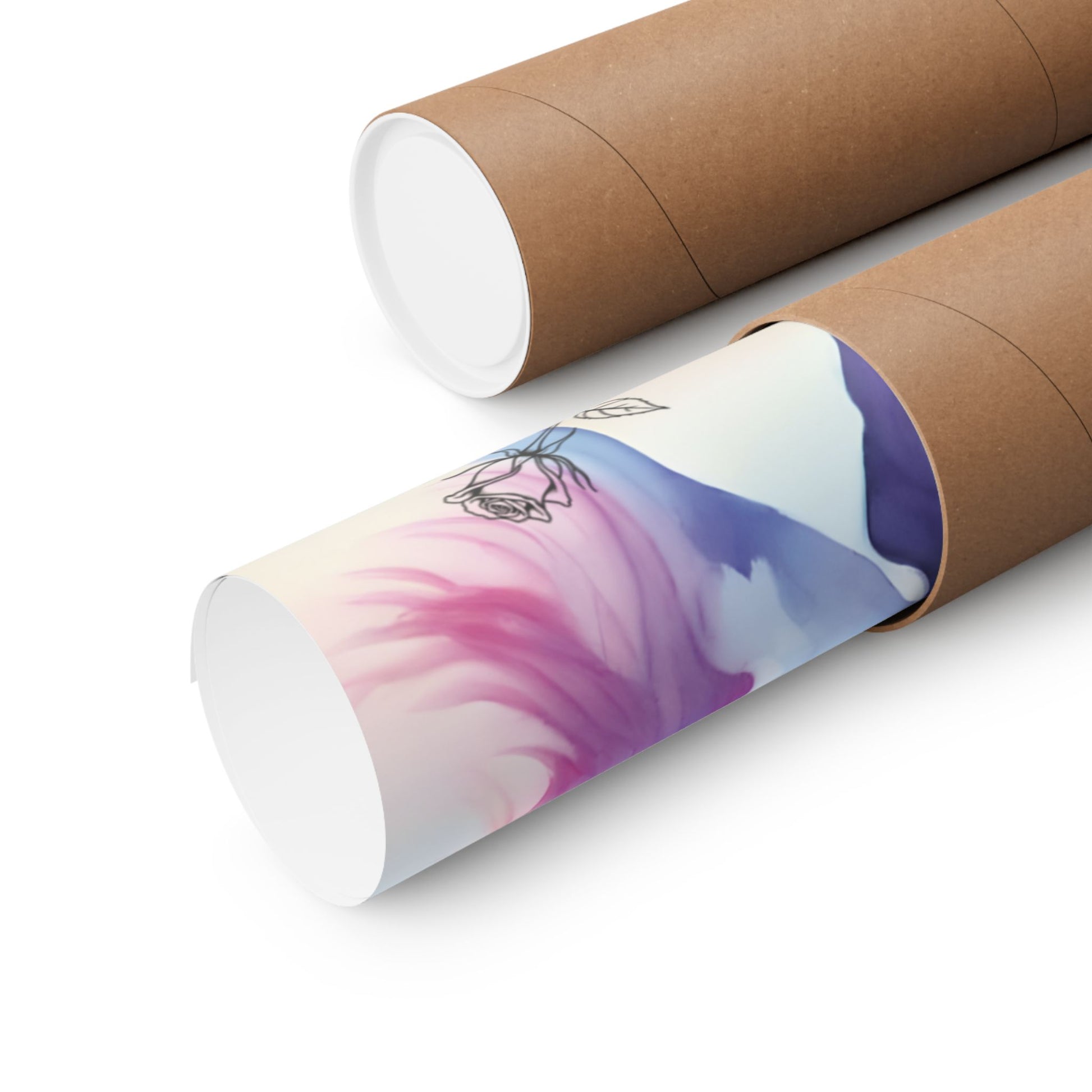 Two cardboard tubes with one featuring a colorful floral design on a white background