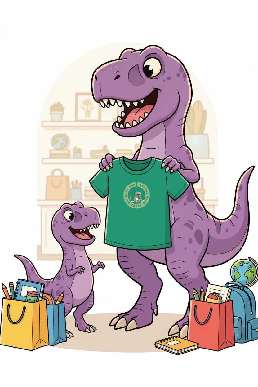 A green short-sleeve crewneck t-shirt with a circular graphic on the chest featuring a cartoon dinosaur or alligator and the text 'Rex eats his trees with CHEESE' . the background is a playful cartoon.