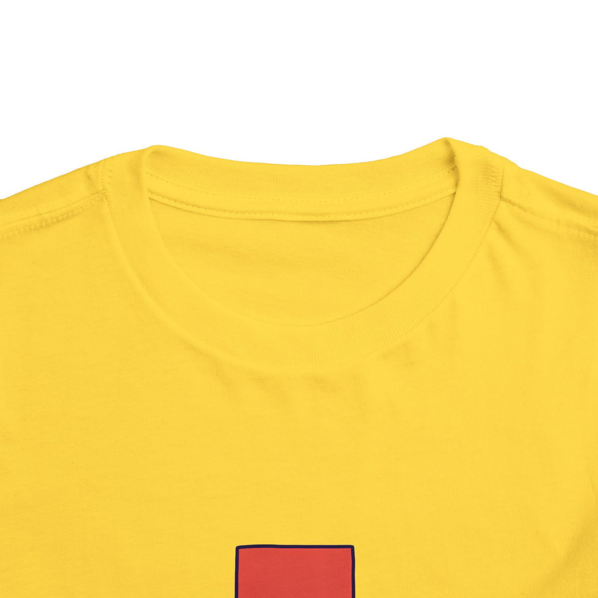 Close-up of a bright yellow crewneck t-shirt showing the inner collar and the top of a red rectangular graphic with a thin dark outline around the top of a red square at the bottom center.