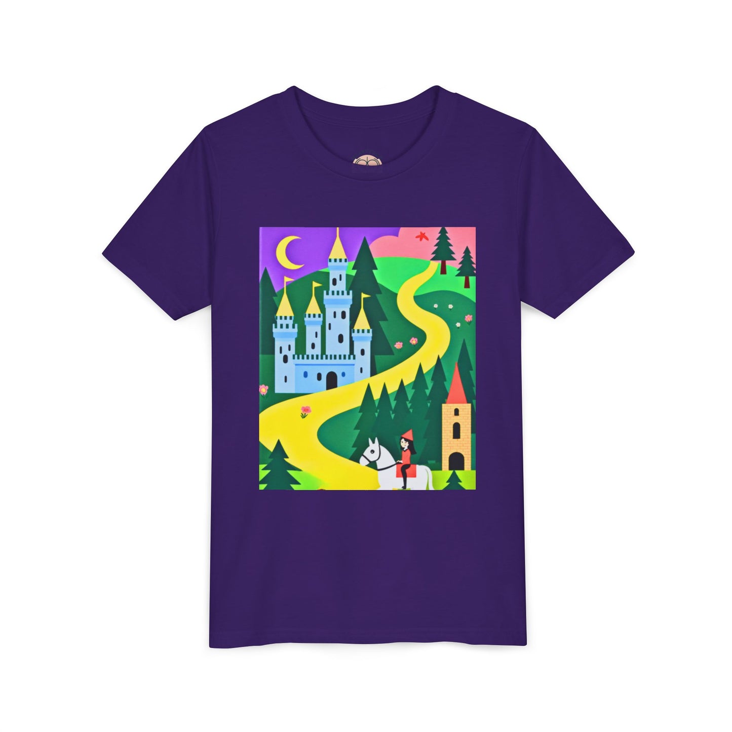 Purple t-shirt with a colorful castle graphic on a white background