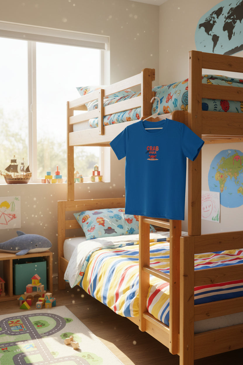 A royal blue short-sleeve t-shirt with a graphic on the chest that reads 'I love CRAB WALK' in red and white text above a small red crab illustration, displayed in a child's bed room hanging from the bunk bed ladder.