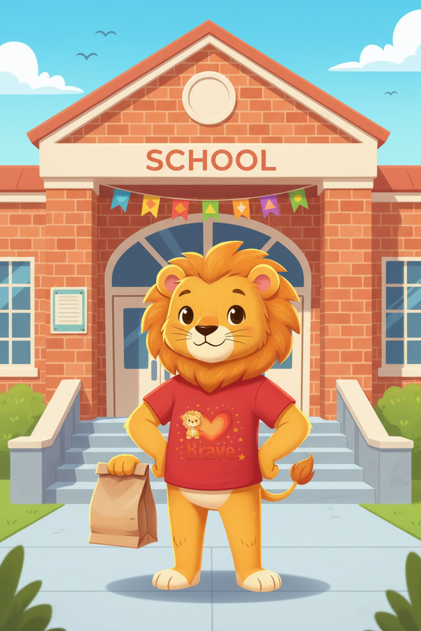 Red t-shirt with a cartoon lion and heart design on a storybook background
