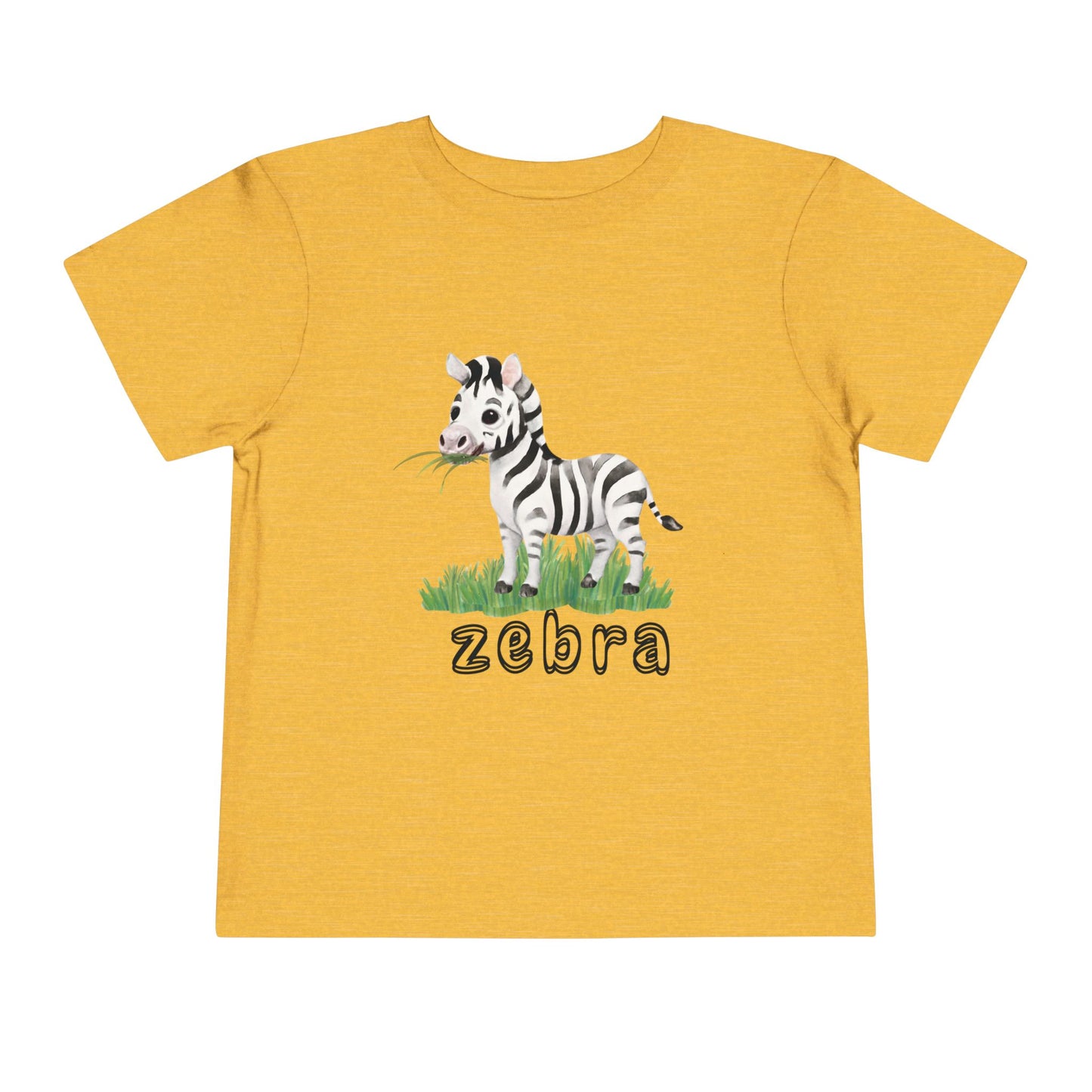 Yellow t-shirt with a zebra graphic and 'zebra' text on a white background