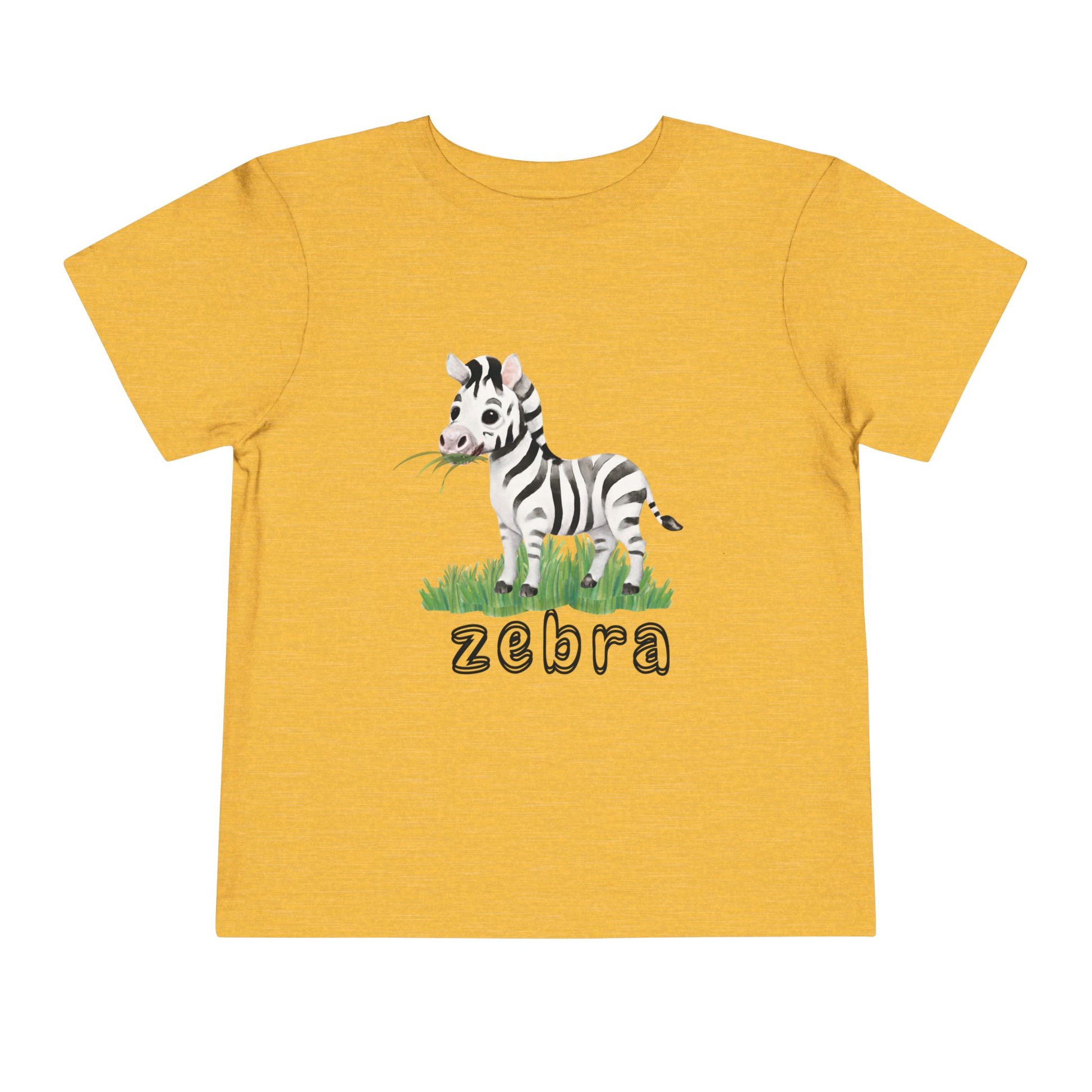 Yellow t-shirt with a zebra graphic and 'zebra' text on a white background