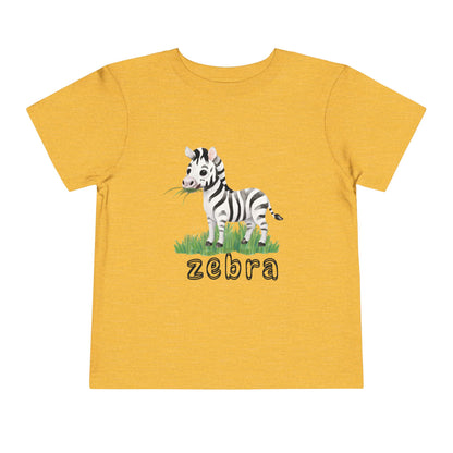 Yellow t-shirt with a zebra graphic and 'zebra' text on a white background