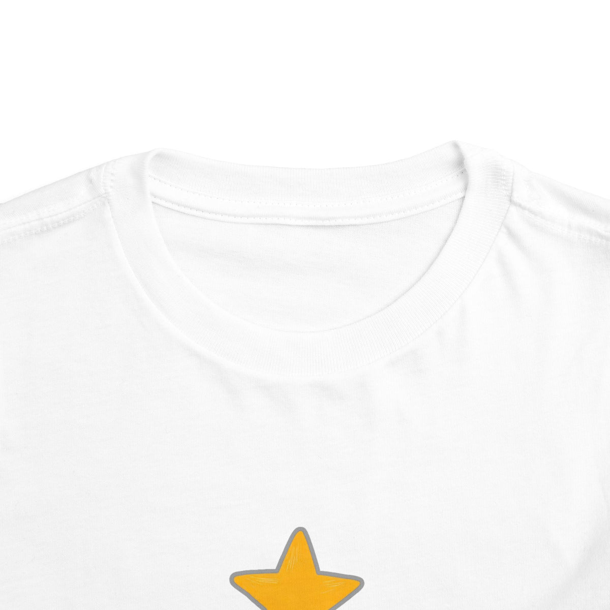 Close-up of a white crew-neck t-shirt showing the inner collar and a small yellow star graphic outlined in gray at the bottom center.