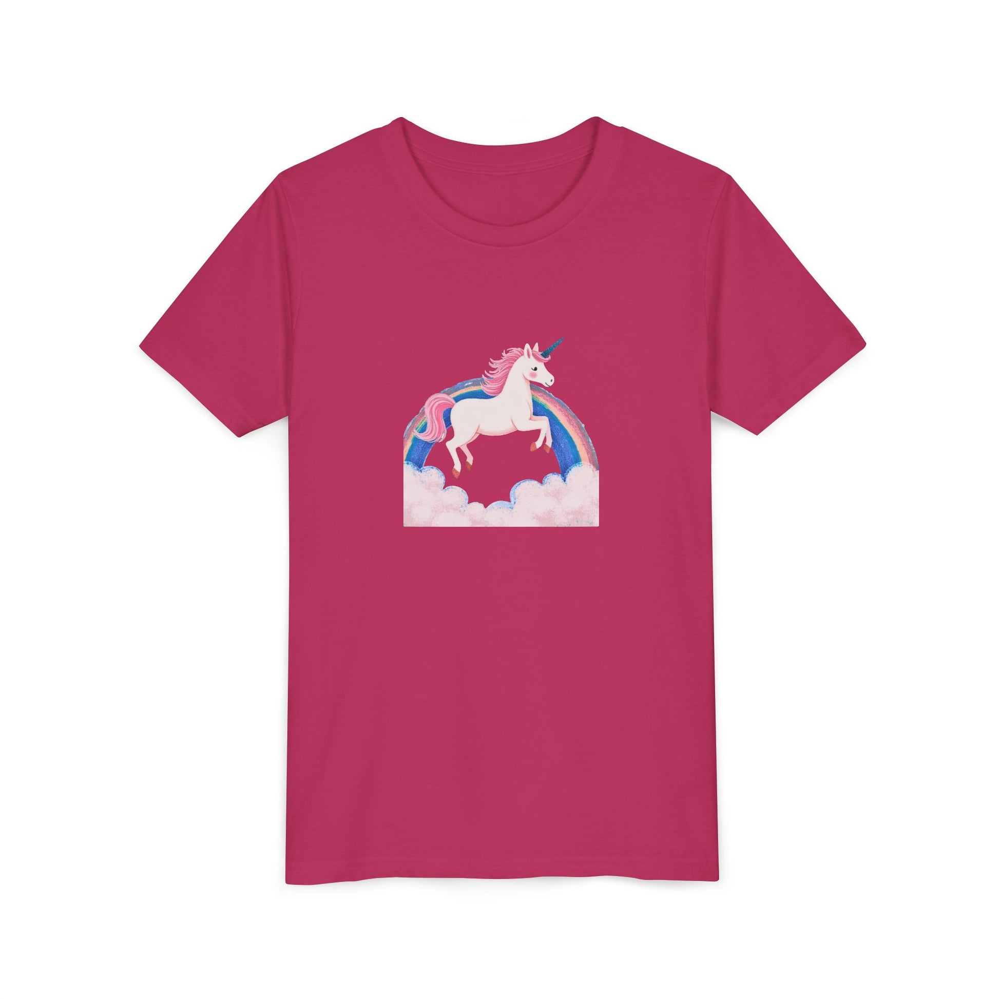 Pink t-shirt with a unicorn and rainbow design on a white background