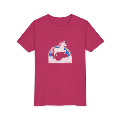 Pink t-shirt with a unicorn and rainbow design on a white background
