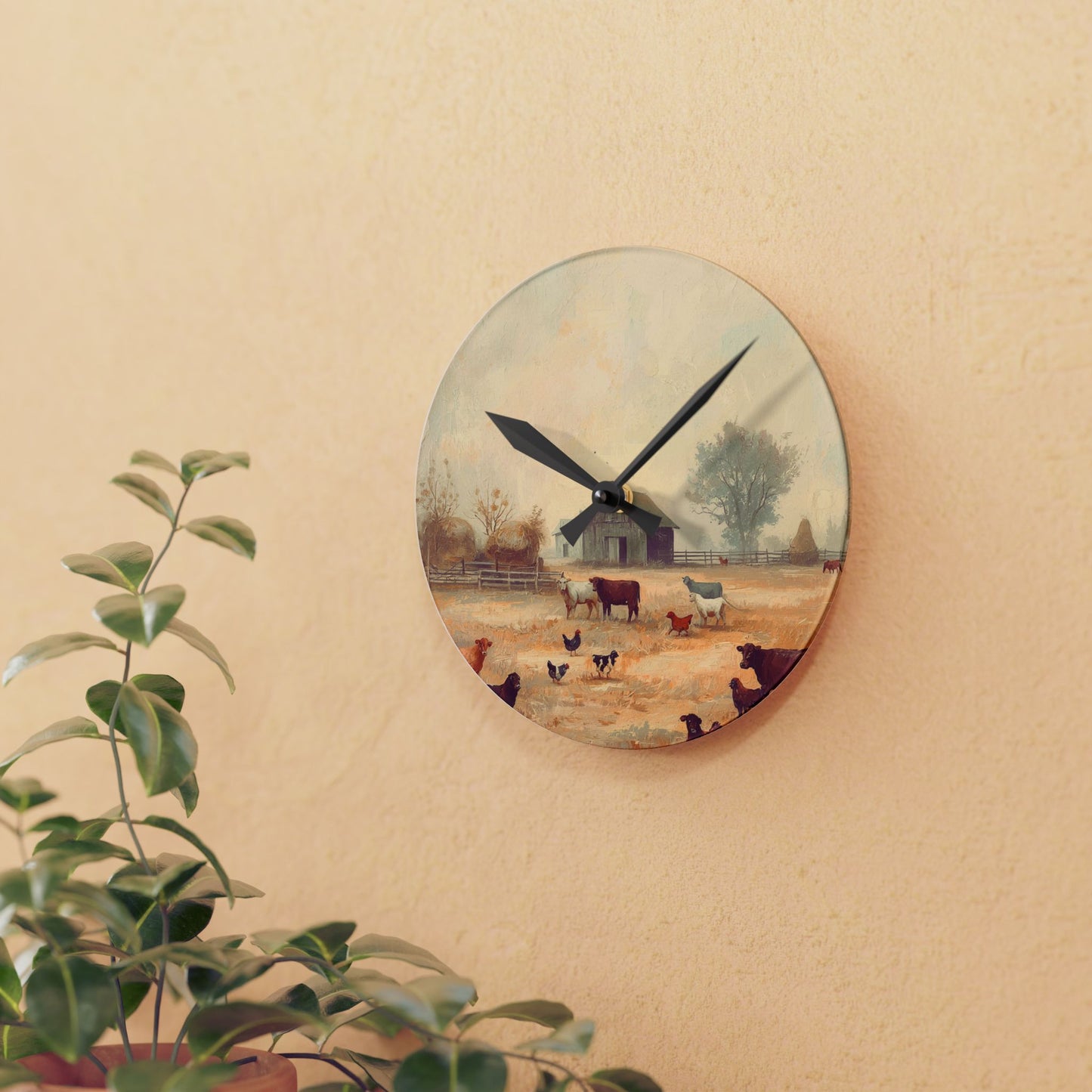 Acrylic Wall Clock — The Old Barn a Rustic Barn & Pasture Scene Decor