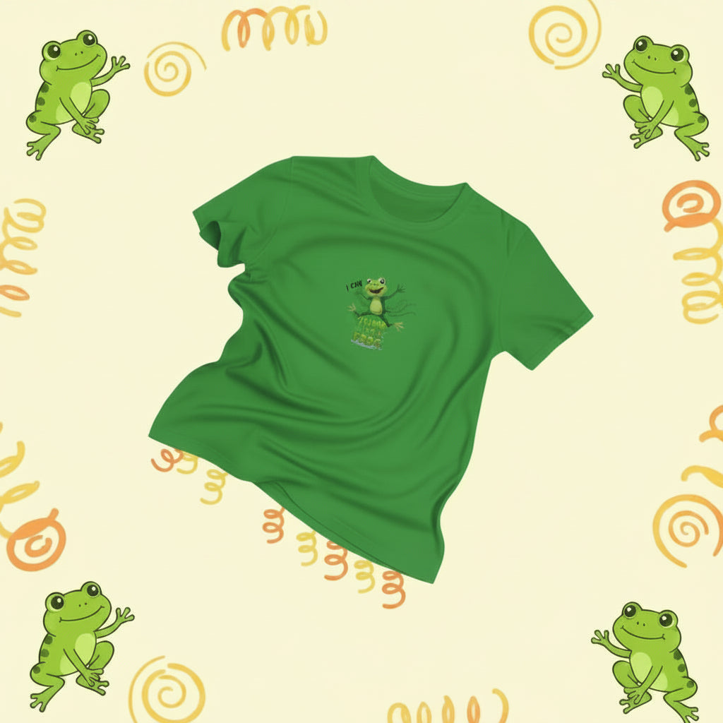 A green short-sleeve t-shirt with a small frog graphic on the chest, displayed on a light cream background decorated with cartoon frogs and orange scribbles.Text on shirt says, "I can jump like a frog."
