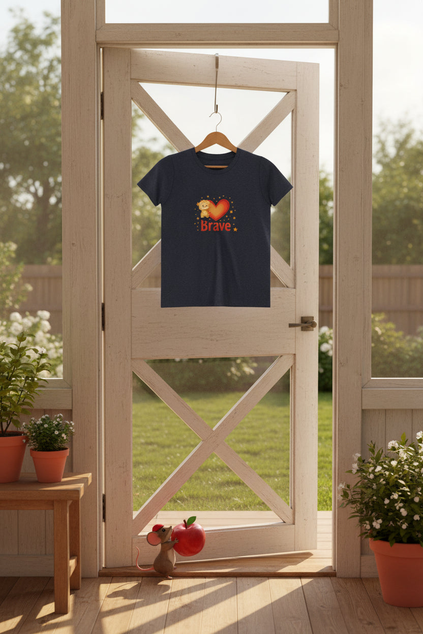 Navy blue t-shirt with a heart and lion graphic and 'Brave' text on a white background