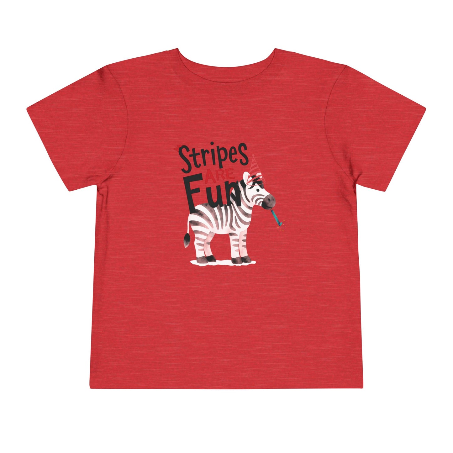 Red Toddler shirt featuring zebra party illustration and playful ‘Stripes Are FUN’ lettering.
