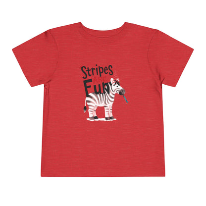 Red Toddler shirt featuring zebra party illustration and playful ‘Stripes Are FUN’ lettering.