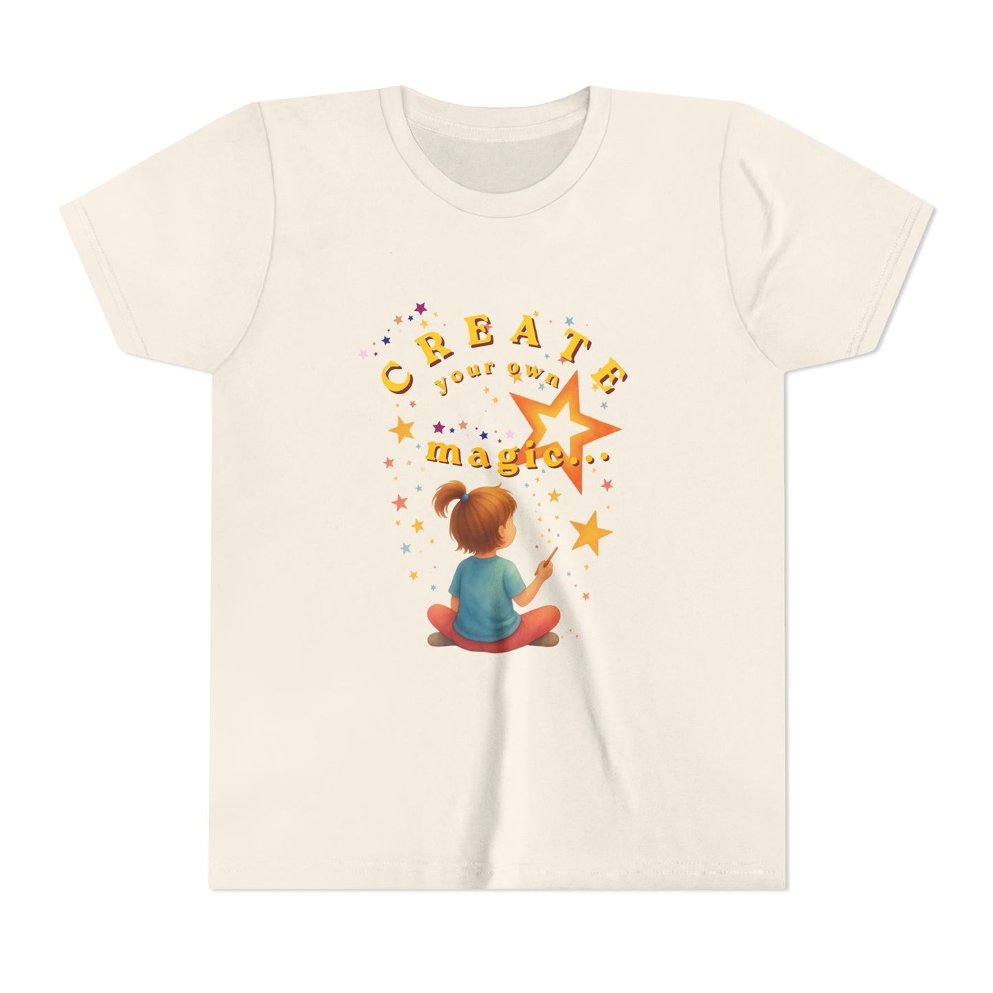 Beige t-shirt with a graphic of a girl drawing a star and the text 'Create your own magic' on a white background.