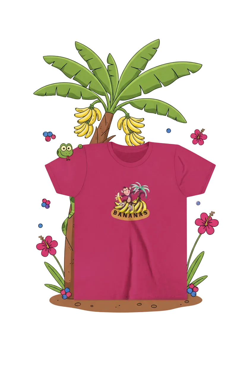 Berry colored t-shirt with monkey eating bananas on fun cartoon background