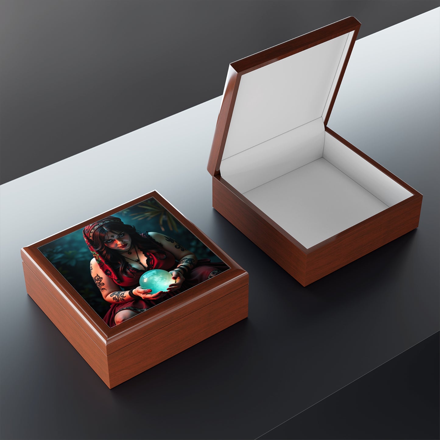 Wooden box with a colorful design of a woman holding a blue globe on a wooden surface. On box open showing the inside.