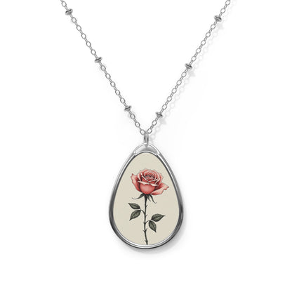 Rose Oval Pendant Necklace — Vintage Floral Teardrop Locket