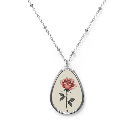 Rose Oval Pendant Necklace — Vintage Floral Teardrop Locket