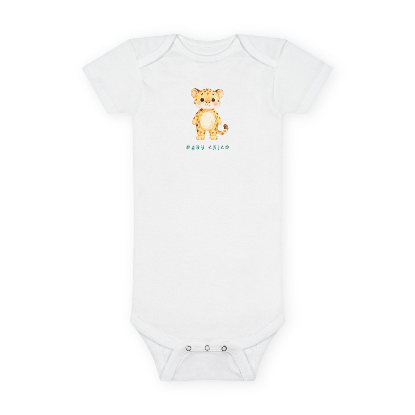White baby onesie with a tiger design and 'Baby Chico' text on a white background