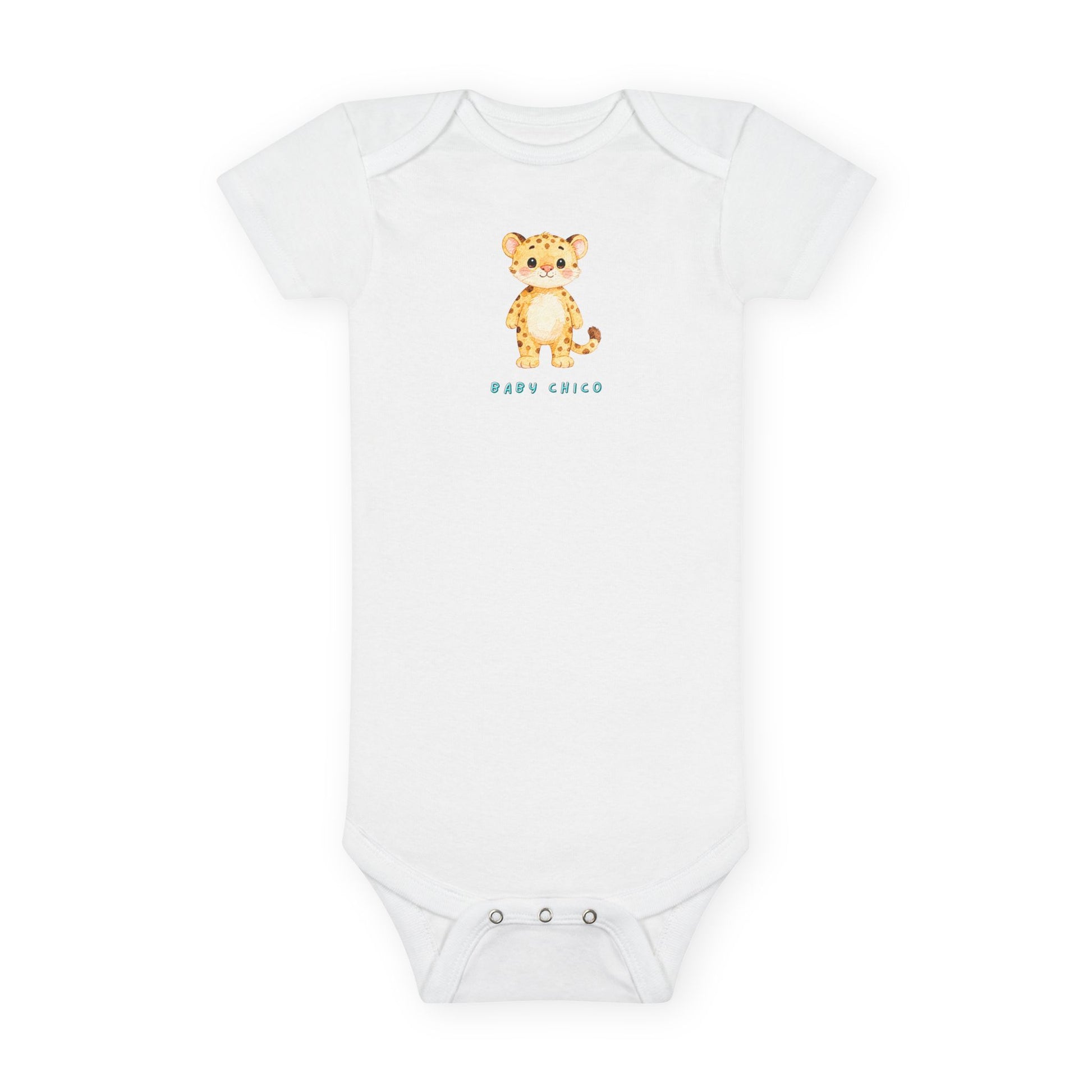 White baby onesie with a tiger design and 'Baby Chico' text on a white background