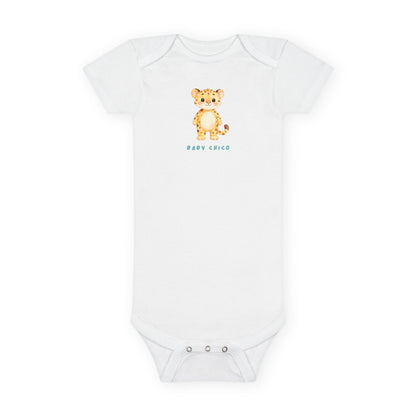 White baby onesie with a tiger design and 'Baby Chico' text on a white background