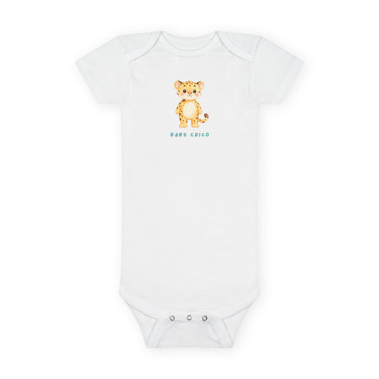 White baby onesie with a tiger design and 'Baby Chico' text on a white background