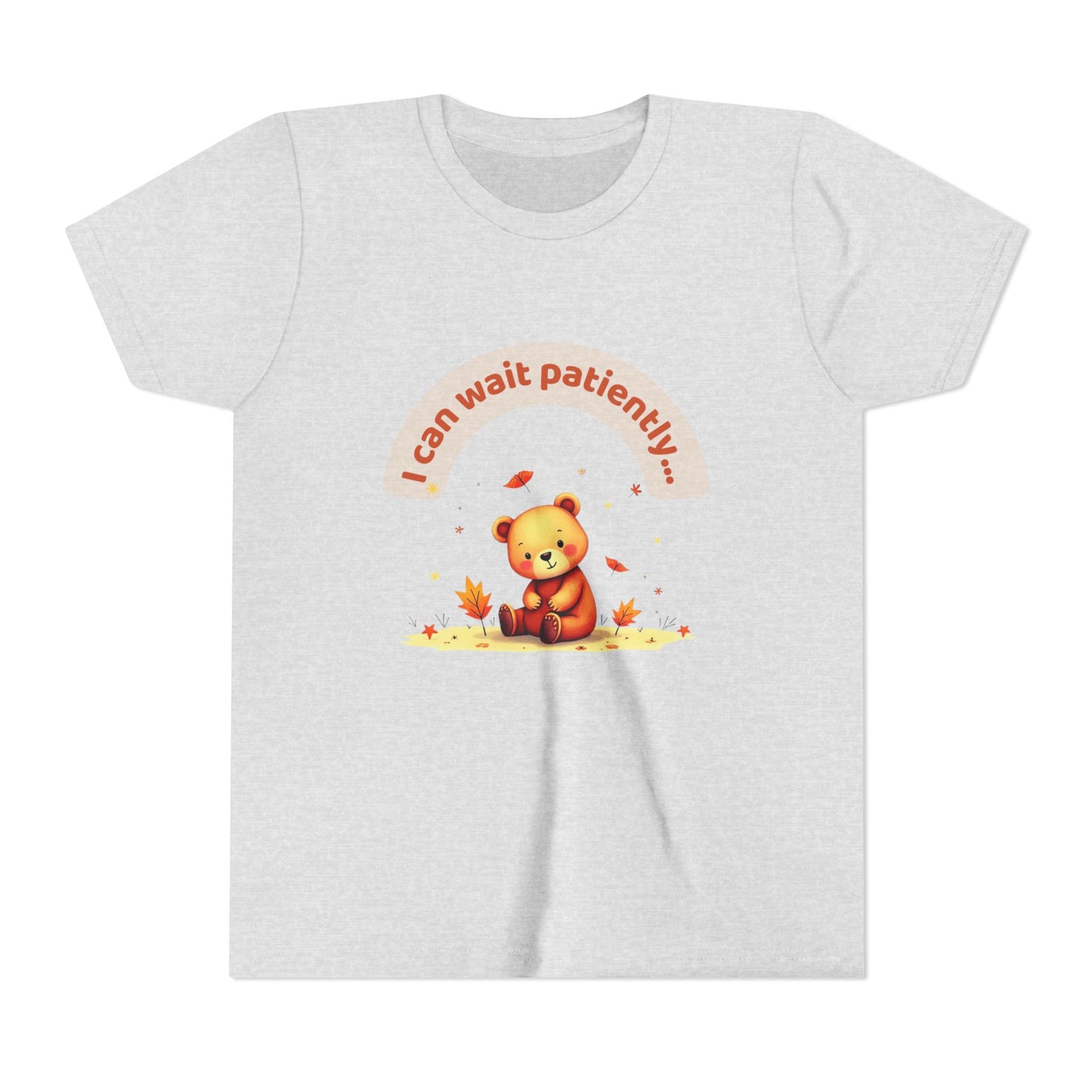 White t-shirt with a teddy bear graphic and text on a white background