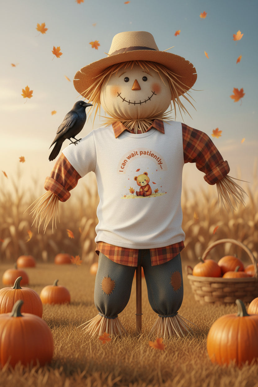 White t-shirt with a teddy bear graphic and text on falling onto a basket of pumpkins background