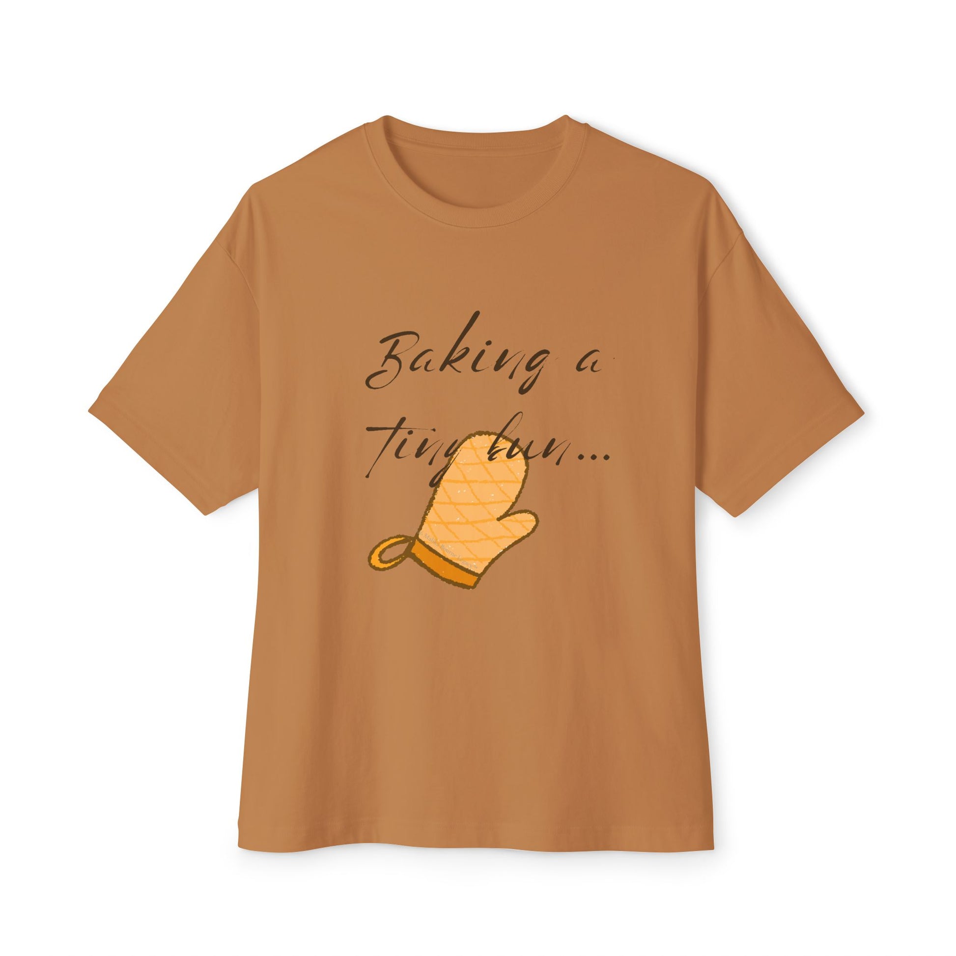 Brown t-shirt with an oven mitt graphic and text on a white background