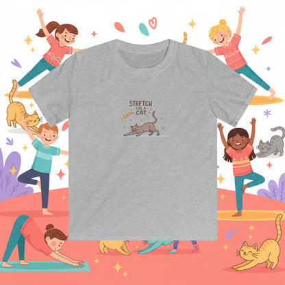 Sport grey t-shirt with a cat stretching The background shows Malika Bourne Legacy playful humor with cartoon kids and cats exercising.