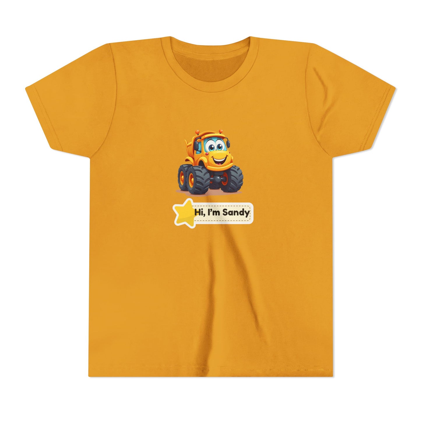 A yellow short-sleeve crewneck t-shirt featuring a cartoon graphic of an orange and yellow construction vehicle with a smiling face, above a white label that reads 'Hi, I'm Sandy'.