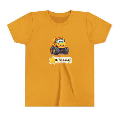 A yellow short-sleeve crewneck t-shirt featuring a cartoon graphic of an orange and yellow construction vehicle with a smiling face, above a white label that reads 'Hi, I'm Sandy'.