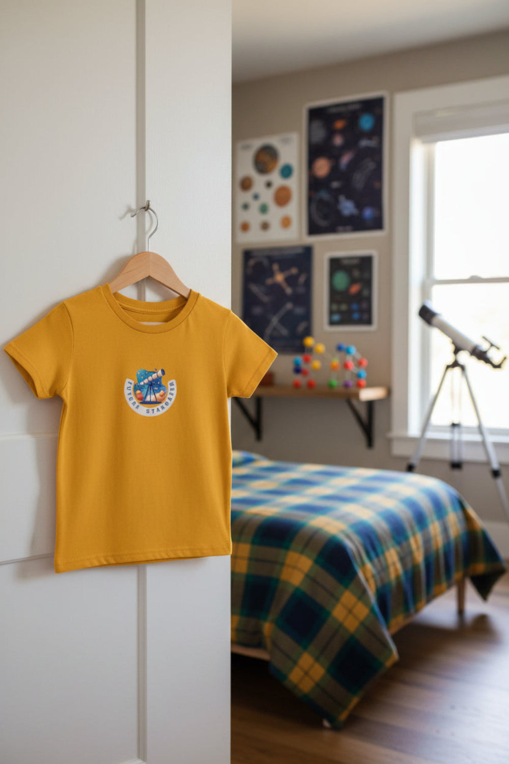 A mustard yellow short-sleeve crewneck t-shirt with a central graphic of a blue and orange telescope on a white banner that reads 'FUTURE Stargazer."