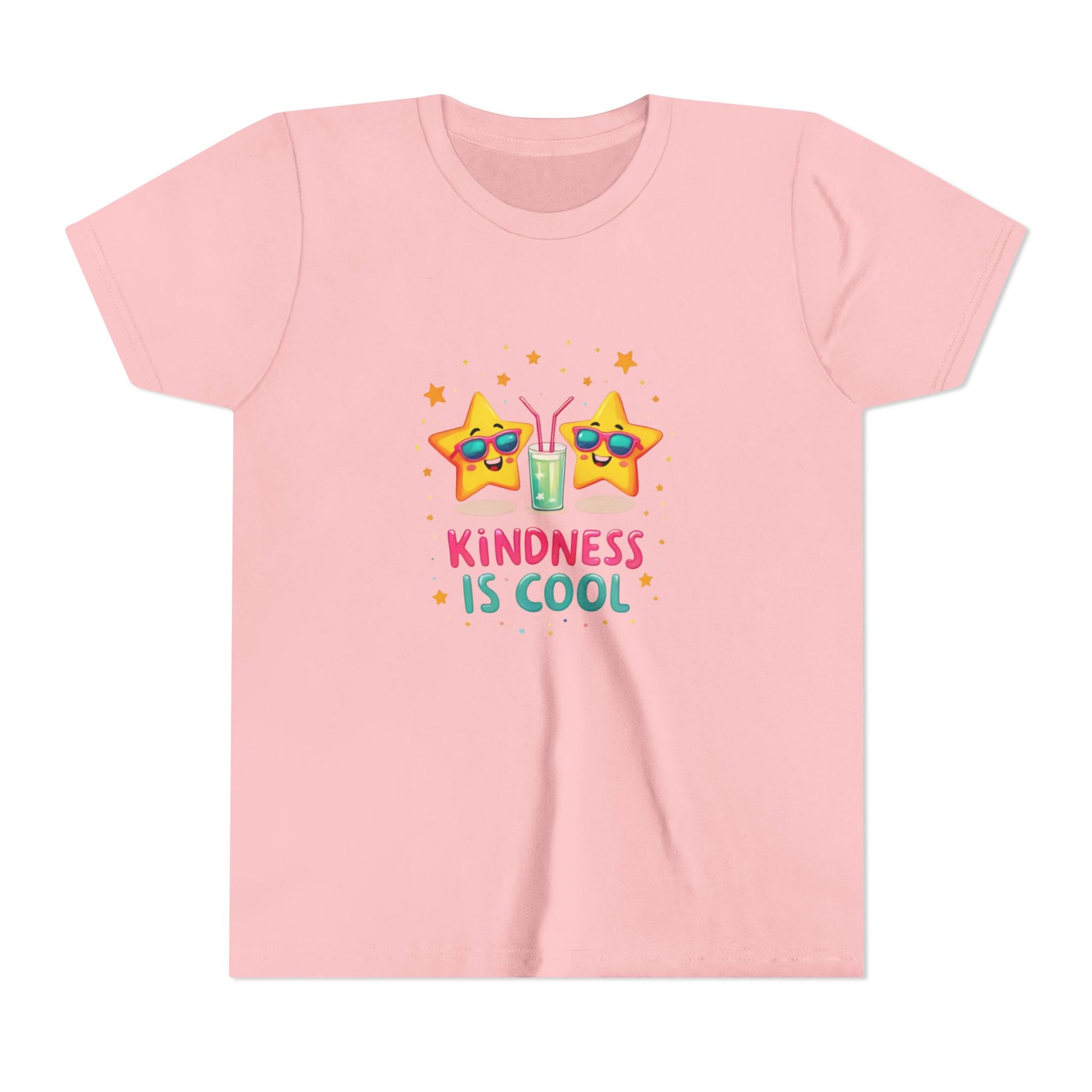 Pink t-shirt with 'Kindness is Cool' design featuring stars and a drink on a white background