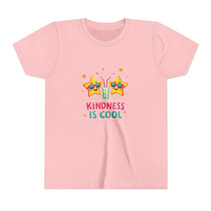 Pink t-shirt with 'Kindness is Cool' design featuring stars and a drink on a white background