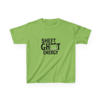 A lime short-sleeve t-shirt with a black graphic print on the front that reads 'SHEET GHOST ENERGY' with a small ghost illustration, displayed on a clean white background.